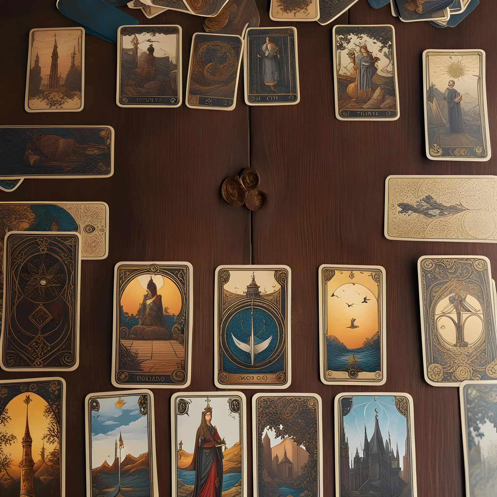 Artistically arranged Tarot Card deck on a wooden table, showcasing intricate artwork and symbols.