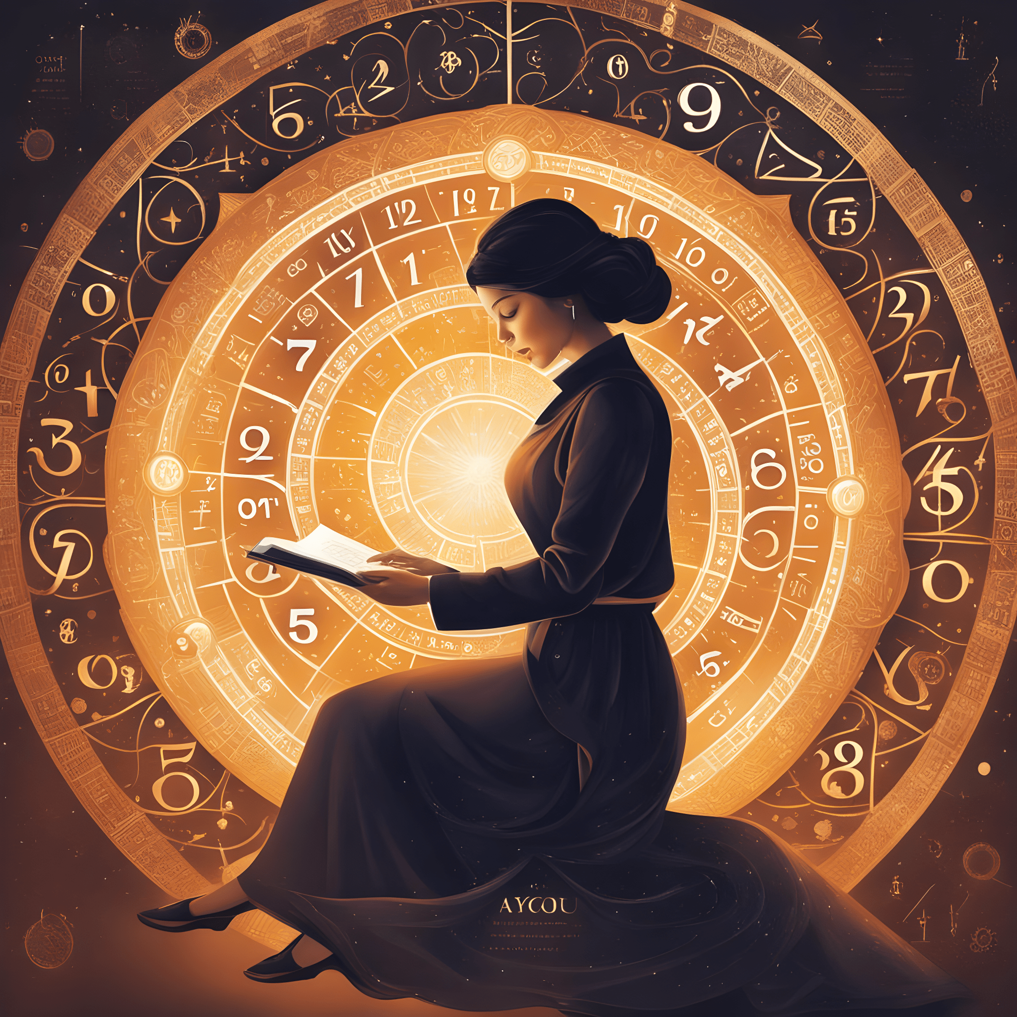 A visually captivating image introducing the concept of Numerology, featuring a knowledgeable woman practitioner at work, surrounded by numbers and symbols.