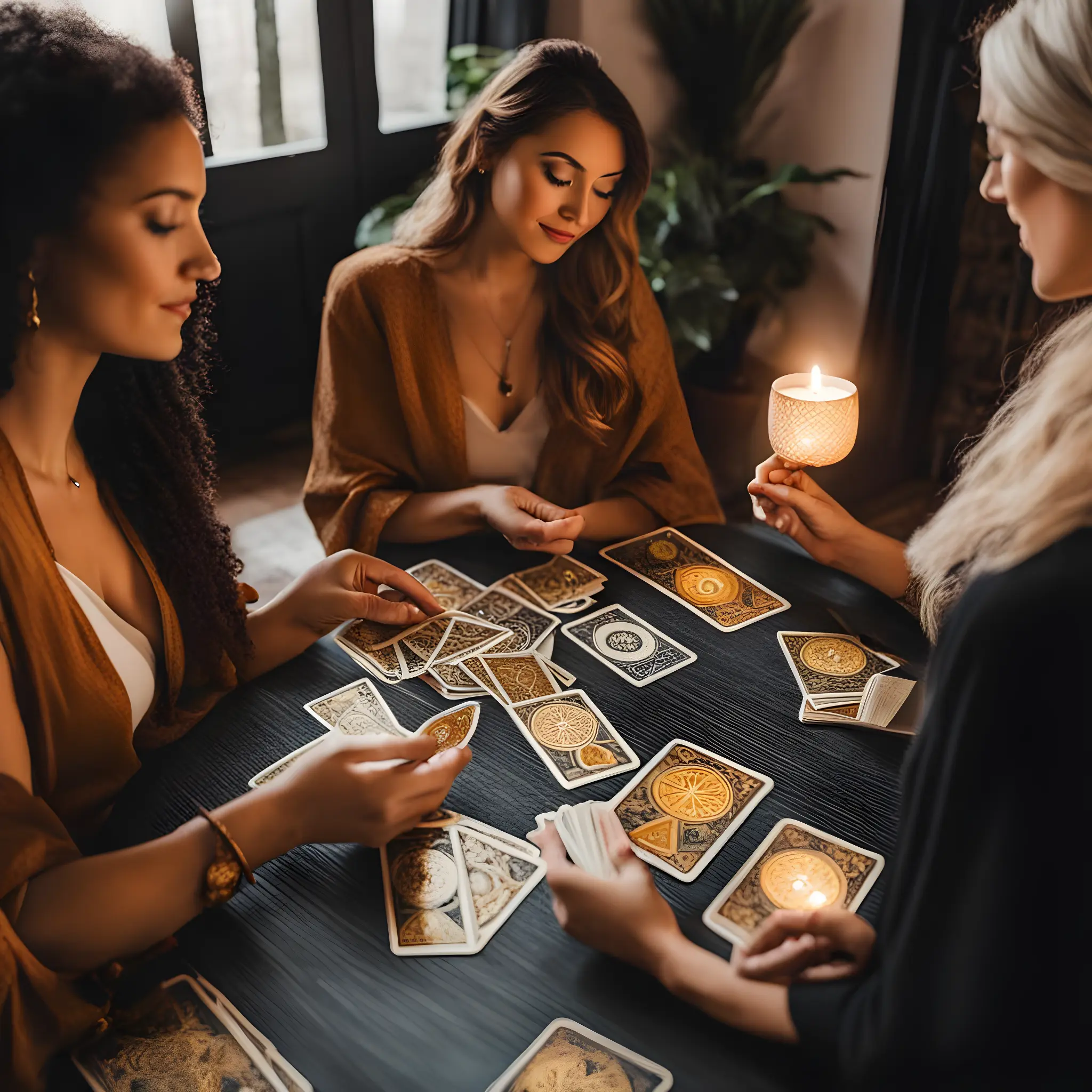 A group of women engrossed in a tarot card reading session.